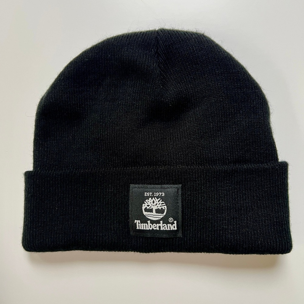 Timberland Mens Black Cuffed Beanie Knit Winter Hat Logo Patch T100354C OS